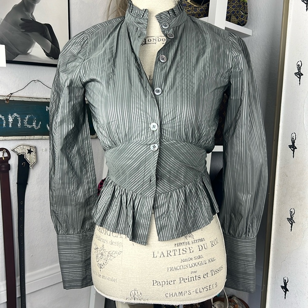 Pink Tartan ruffle shirt long sleeve striped sz.2 fitted belted gun metal color